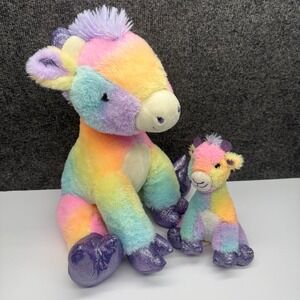 Vintage Set Fiesta Rainbow Sherbet Giraffe Plush Stuffed Animal Toy 14.5" & 6.5"